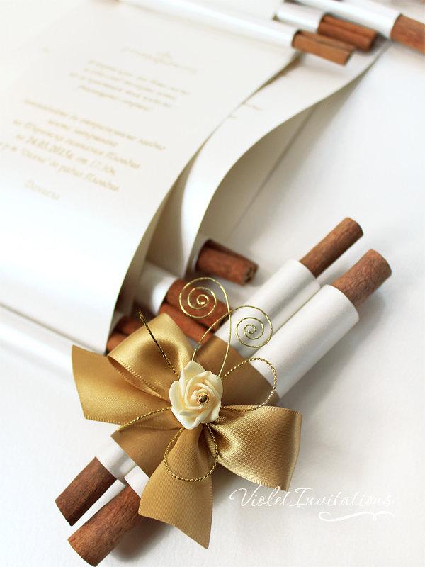 زفاف - Handmade Gold Ivory Rose Wedding Scroll Invitation SAMPLE, Antique Gold Satin Ribbon Invitation, Cinnamon Ornamental Wedding Scroll Invite