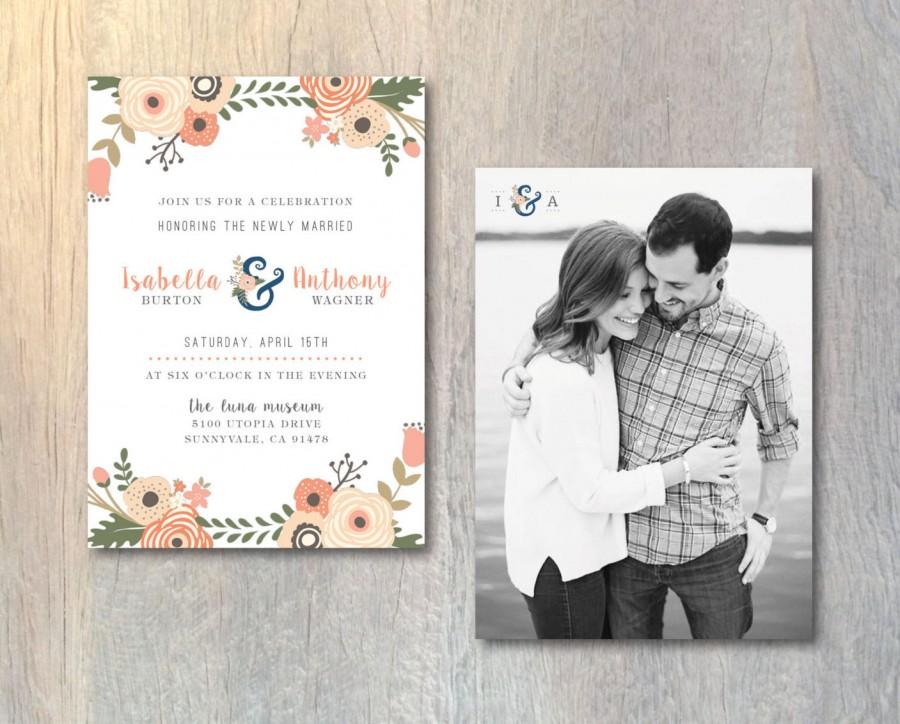 Hochzeit - Rustic Wedding Reception Invitation Card - Photo Wedding Invitation - Floral Monogram Invitation - Printable DIY