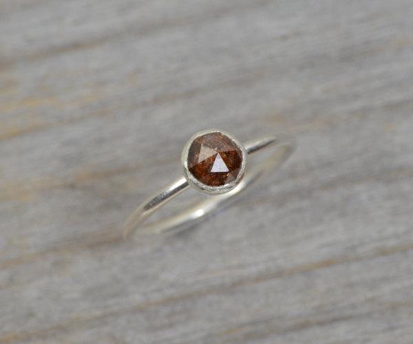 زفاف - rose cut diamond engagement ring, 0.66ct brown diamond solitaire, stackable diamond ring, diamond wedding ring, fancy color diamond ring