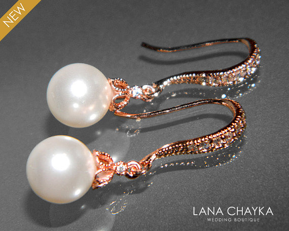 Hochzeit - White Pearl Rose Gold Earrings Swarovski 8mm Pearl CZ Earrings Bridal Pearl Drop Earrings Wedding Small Rose Gold Earrings Bridal Jewelry