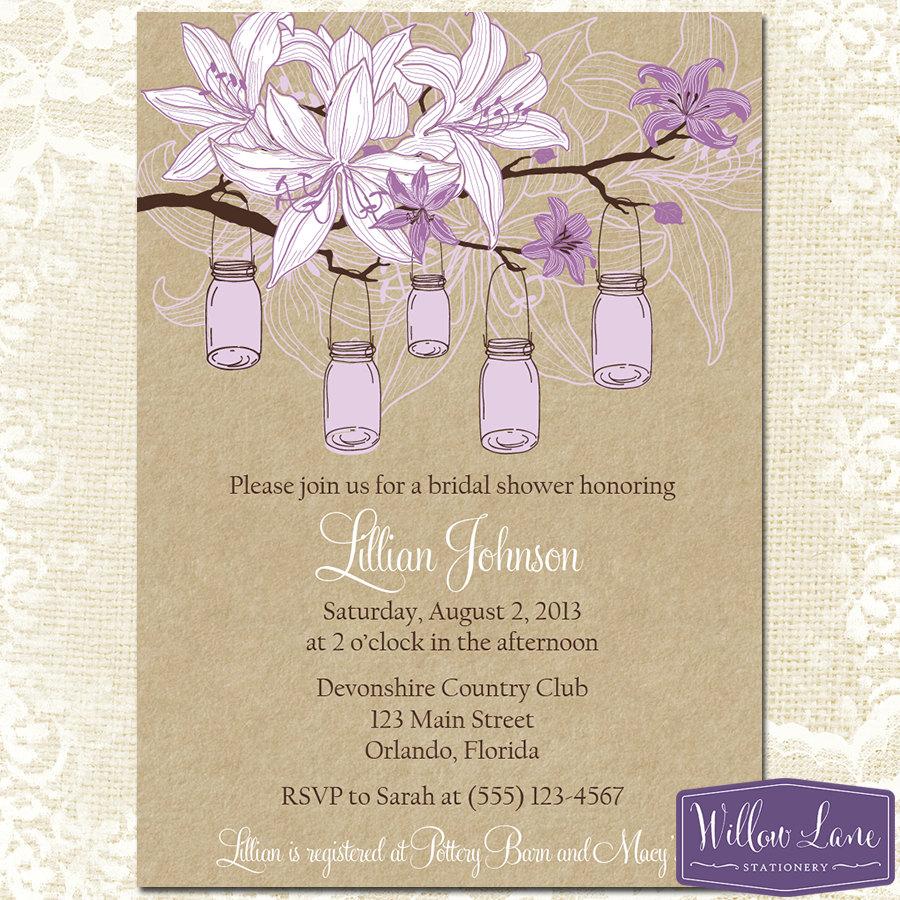 Свадьба - Purple Mason Jar Bridal Shower Invitation - Hanging Mason Jars Bridal Shower Invite - Lilies Wedding Shower - Lilies Bridal - 1241 PRINTABLE