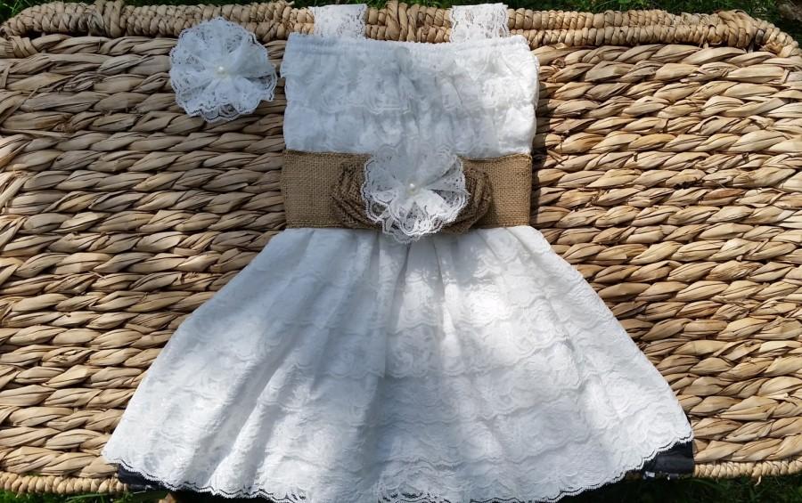 Mariage - Lace Flower Girl Dress -Flower Girl Dress- Burlap Flower Girl-White Lace Flower Girl Dress-Junior Bridesmaid Dress-Country Wedding
