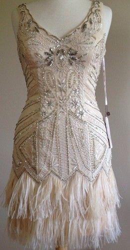 زفاف - SUE WONG 1920's Gatsby Deco Champagne Beaded Feather Bridal Flapper Dress 6 NEW