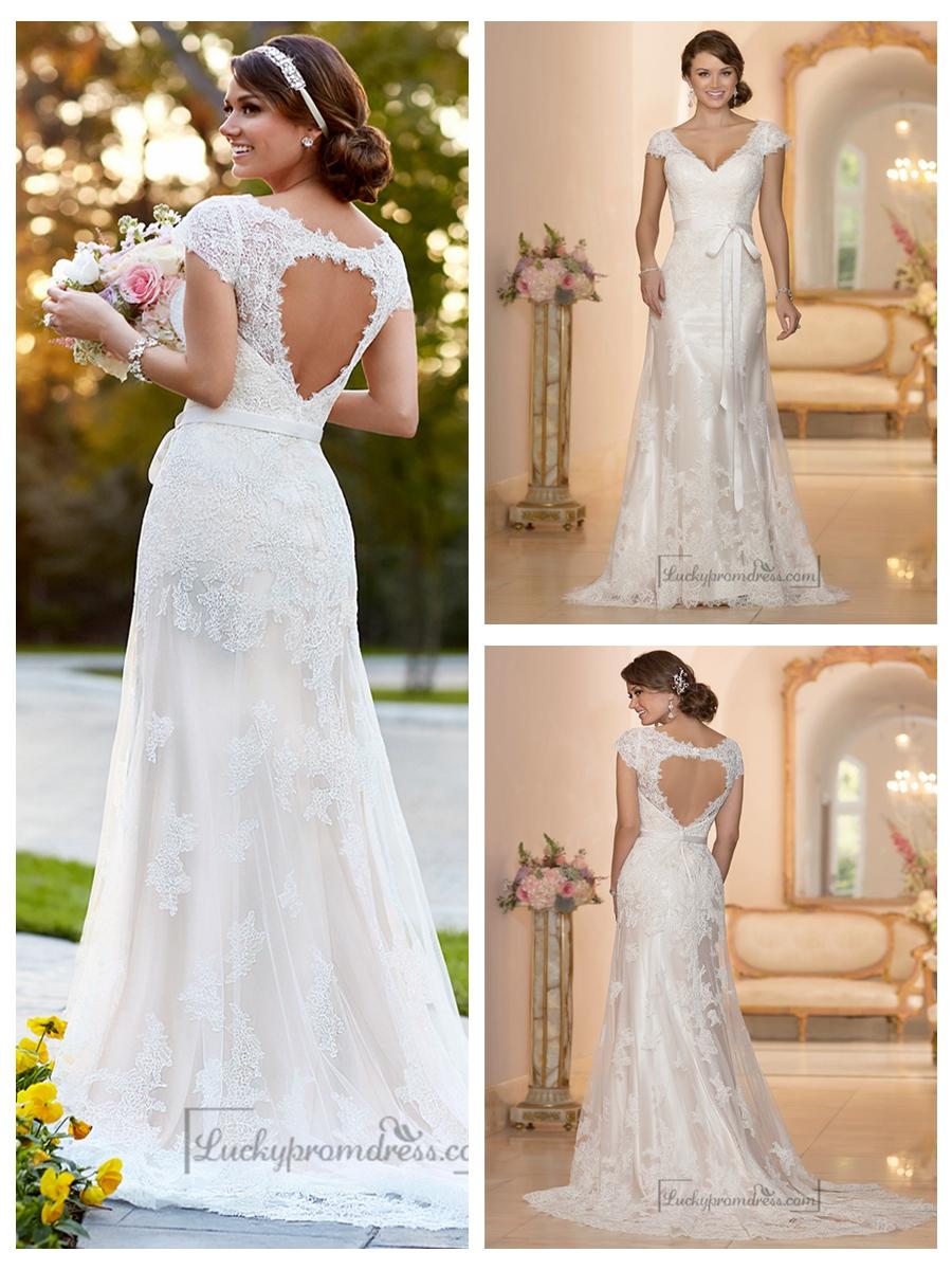 زفاف - Lace Over Illusion Cap Sleeves V-neck Wedding Dresses with Keyhole Back