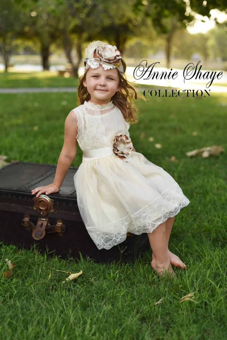 Mariage - The Addie Gwen by Annie Shaye Collection - Ivory Flower Girl Dress, Girls Lace Dress, Chiffon, Tulle Flower Girl Dress, Lace Toddler Dress