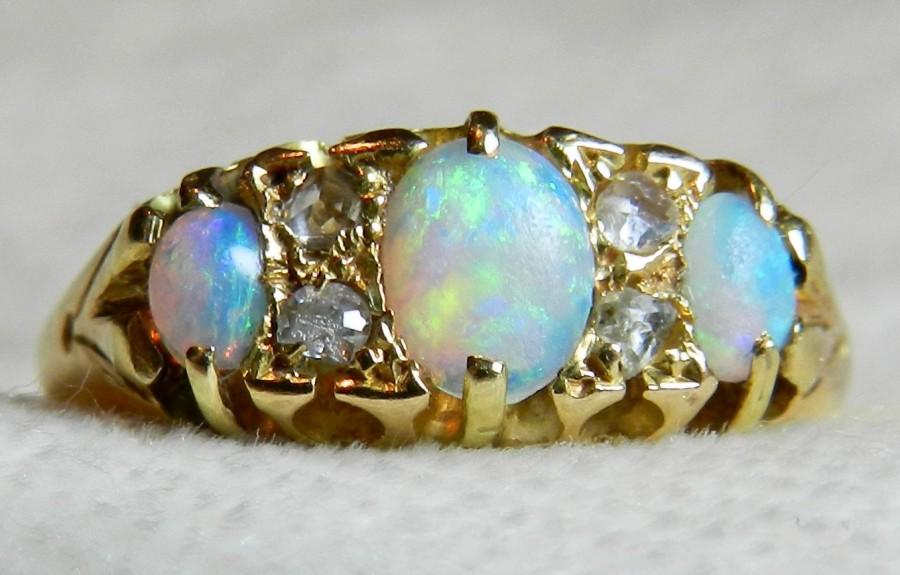 زفاف - 18K Opal Engagement Ring Genuine 1 Ct Opal Rose Cut Diamond Engagement Ring Three Stone Ring Unique Engagement Ring October Birthday
