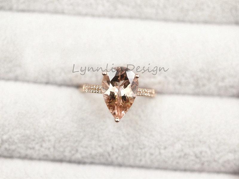 Wedding - 14K Rose Gold Ring 2.1ct Pear Shaped Morganite Engagement Ring Stacking diamond Morganite Jewel Morganite Engagement Ring Morganite Jewelry