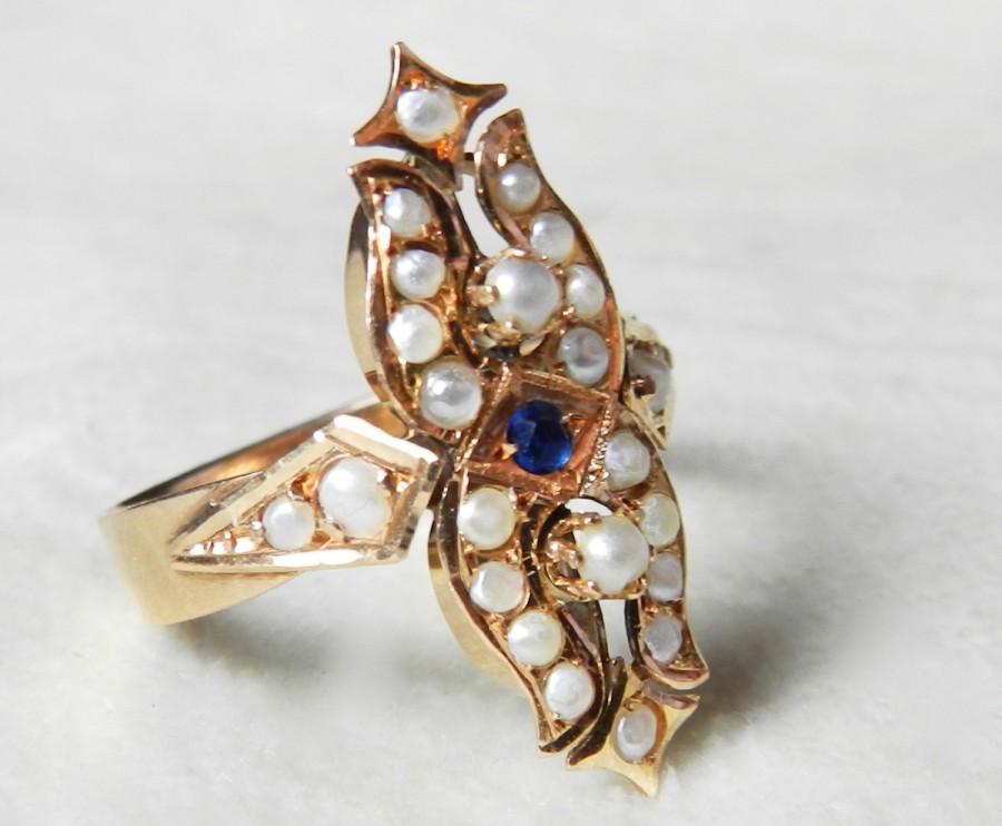 زفاف - 18K Engagement Ring 1800s Seed Pearl Blue Sapphire Ring 18K Unique Engagement Ring Antique Art Nouveau Ring June Birthstone