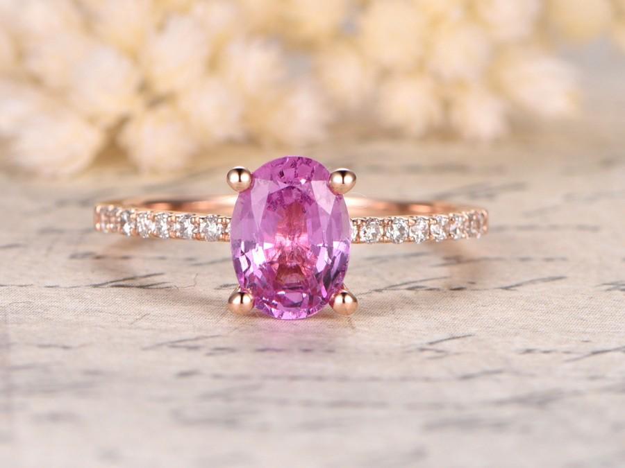 Wedding - Pink Sapphire Engagement Ring,14K Rose Gold,6x8mm Oval Cut pink stone,Thin Diamond Wedding Band,Pink Engagement Ring,Morganite Available