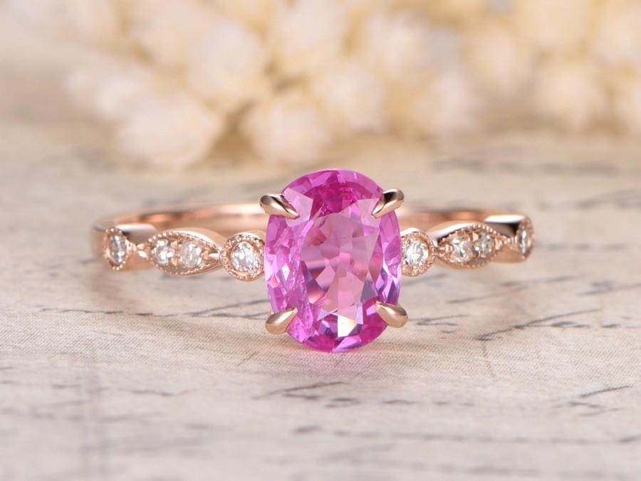 Wedding - Pink Sapphire Engagement Ring,14K Rose Gold,6x8mm Oval Cut pink stone,Art Deco Diamond Wedding Band,Pink Engagement Ring,Morganite Available