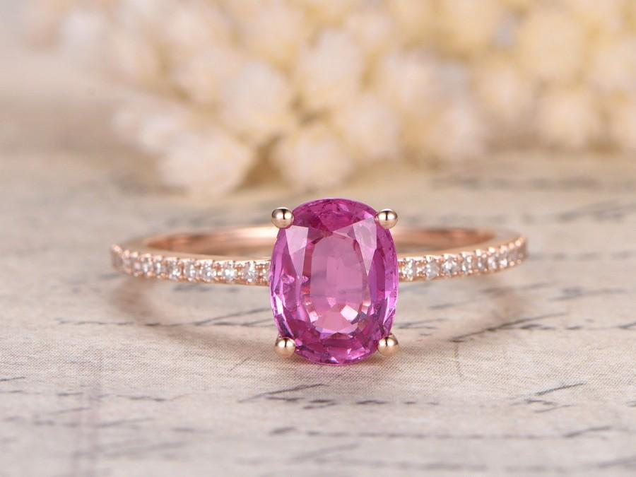 Hochzeit - 6x8mm Oval Cut Pink Sapphire Engagement Ring,Open Bottom,14K Rose Gold,Thin Diamond Wedding Band,Pink Engagement Ring,Morganite Available