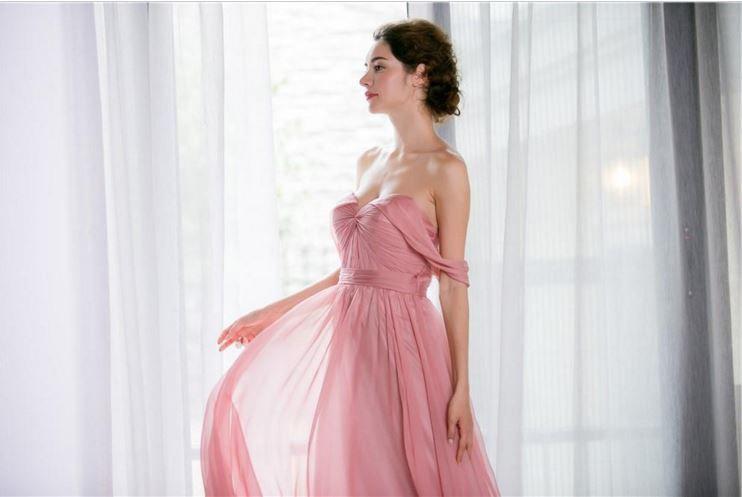 زفاف - 1603 - soft chiffon, ruched bodice, floor length bridesmaid dress, low back, off the shoulder straps