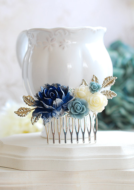 Свадьба - Large Silver Bridal Hair Comb Navy Blue Wedding Hairpiece Dark Blue Dusky Blue Ivory Rose Flower Silver Leaf Branch Comb Bridesmaid Gift