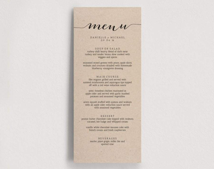 Mariage - Wedding Menu Printable Template - Printable Menu - DIY Printable PDF Instant Download, Rustic, DIY, Dinner Menu Printable - Kraft 