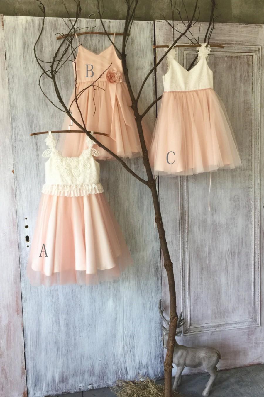 Wedding - 2016 Mix Match White Blush Pink Junior Bridesmaid dress, Mismatch Puffy Flower Girl dress, Mesh Lace Rosette dress (HK119/FK309/FK311)-RENZ