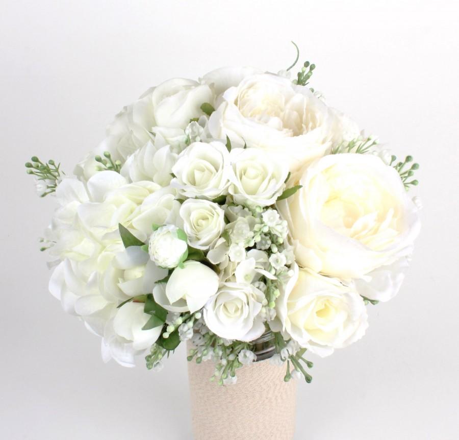 Hochzeit - Silk Bride Bouquet Bridesmaid Bouquet Classic White Cream Roses Hydrangea Baby Breath's