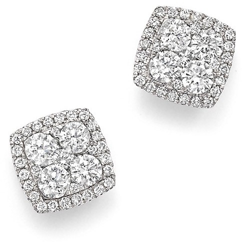 Wedding - Diamond Cluster Square Stud Earrings in 14K White Gold, 1.0 ct. t.w.