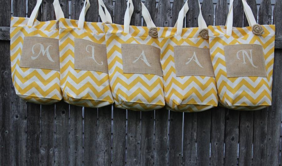 Mariage - Rustic Tote Bags, Set of 5 Bridesmaid Bags, Yellow Chevron Bags, Beach Bags