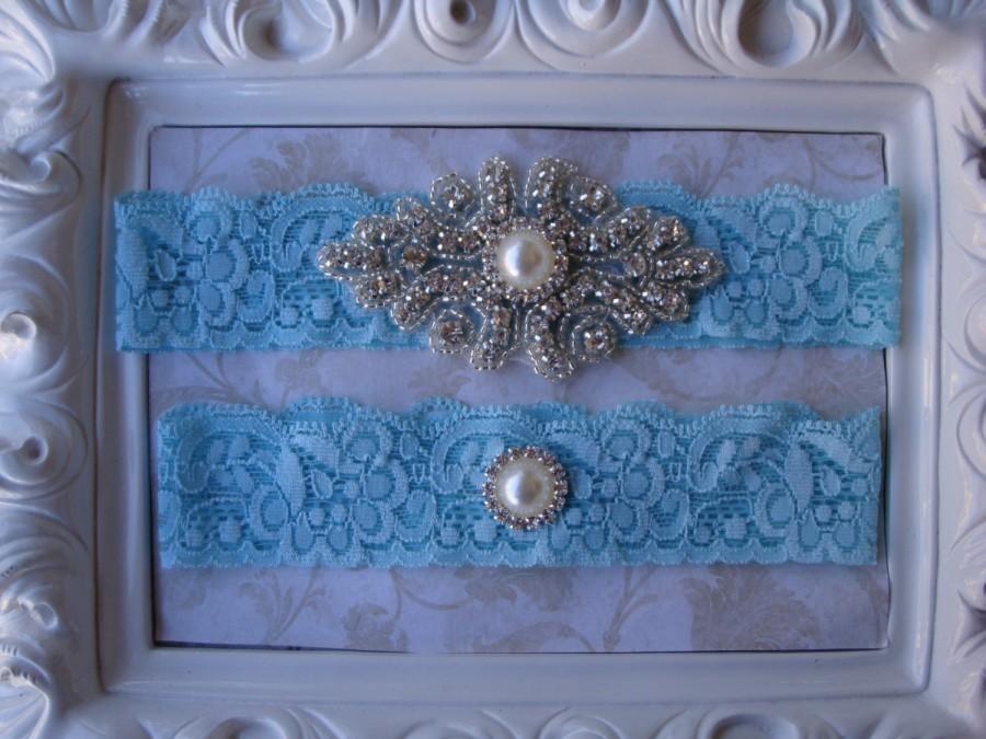 زفاف - Wedding Garter - Bridal Garter - Crystal Rhinestone and Pearl Garter and Toss Garter Set on Aqua Blue Lace