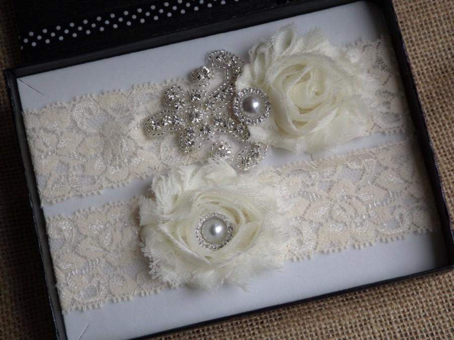 Hochzeit - Wedding Bridal Garter - Ivory Lace Garter Set, Rhinestone Garter Set, Vintage Garter Set, Toss Garter, Keepsake Garter