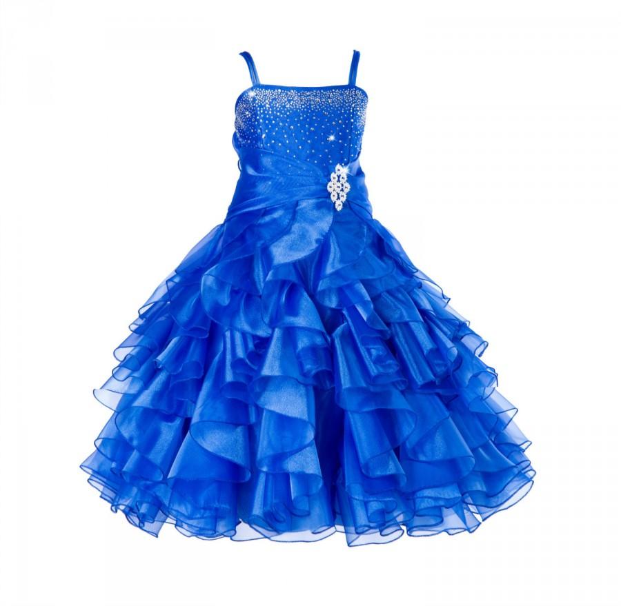 زفاف - Elegant Stunning Rhinestone royal blue Organza Pleated Ruffled Flower girl dress wedding communion toddler size 4 6 8 10 12 14 16 