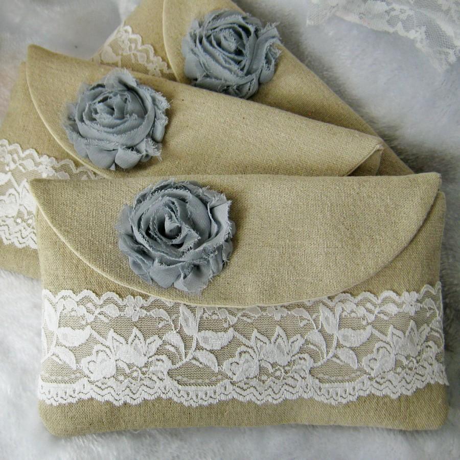 Hochzeit - Set of 5 - bridesmaids clutches, cotton linen lace clutches, wedding purse bags (Ref: CL888) CHOOSE Your Color Flower
