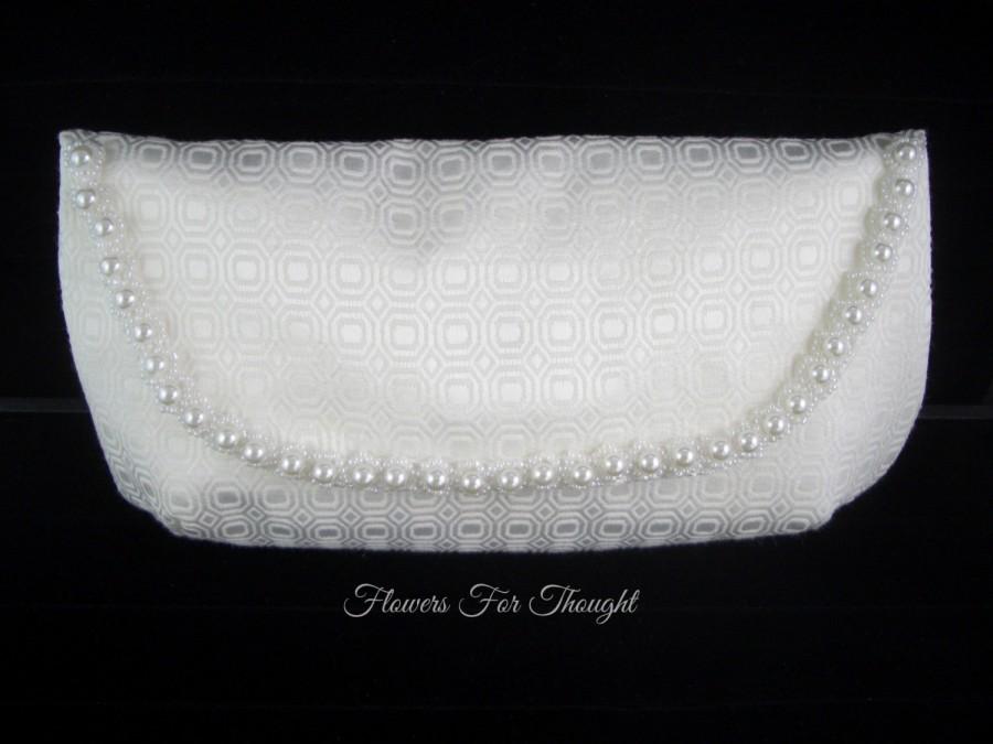 Wedding - White Satin Wedding Clutch, FFT Original Design, Pearls Envelope Beaded Bride Bridal Accessory Elegant Small Purse