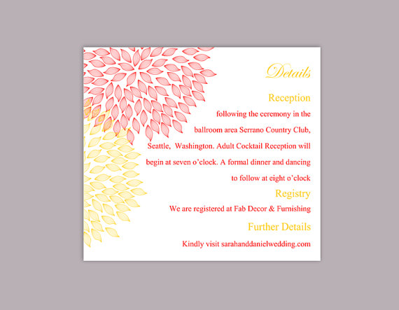زفاف - DIY Wedding Details Card Template Editable Text Word File Download Printable Details Card Yellow Hot Pink Details Card Floral Enclosure Card