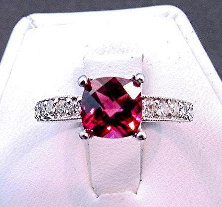 Hochzeit - AAAA Rhodolite Garnet 8x8mm 2.25 Carat 14K White gold diamond (.30ct) Engagement Ring 0753