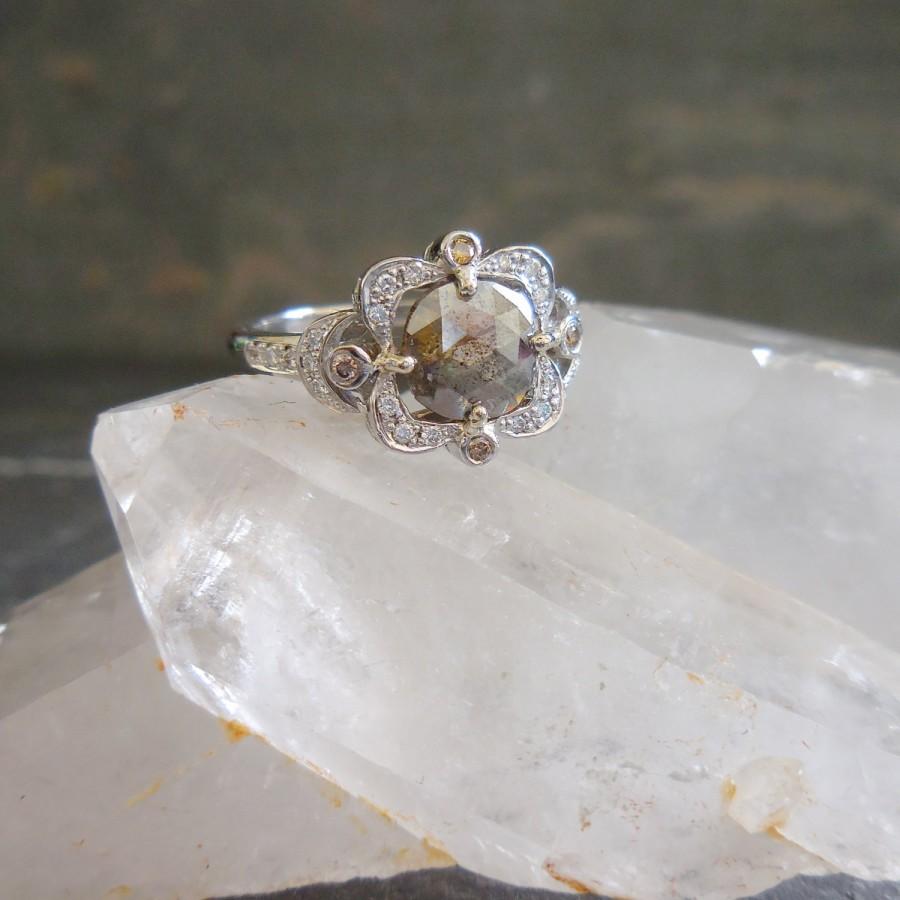 Hochzeit - Grey Diamond Ring - cushion rose cut diamond engagement ring, delicate, vintage, Palladium, rustic, raw, modern, affordable, champagne