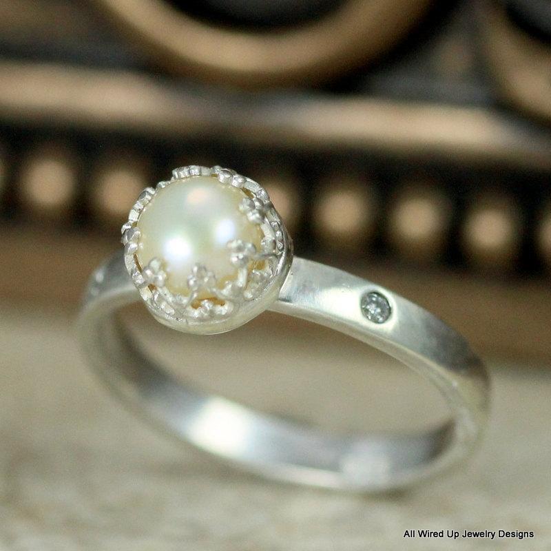 Hochzeit - Pearl and Diamond Ring - Sterling Silver Engagement Ring - The Posh Pearl
