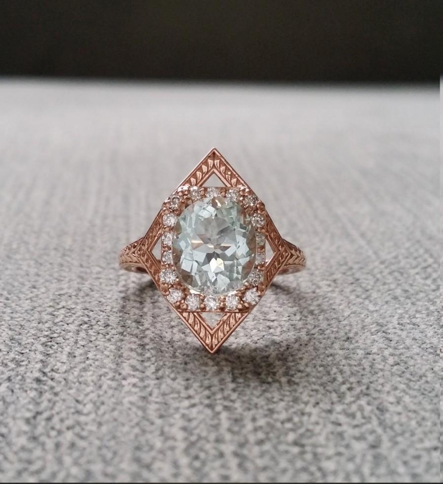 Hochzeit - Aquamarine Diamond Engagement Ring Geometric Victorian Halo Egyptian Bohemian Aqua Blue Antique Cushion Art Deco 14K Rose Gold "The Judith"
