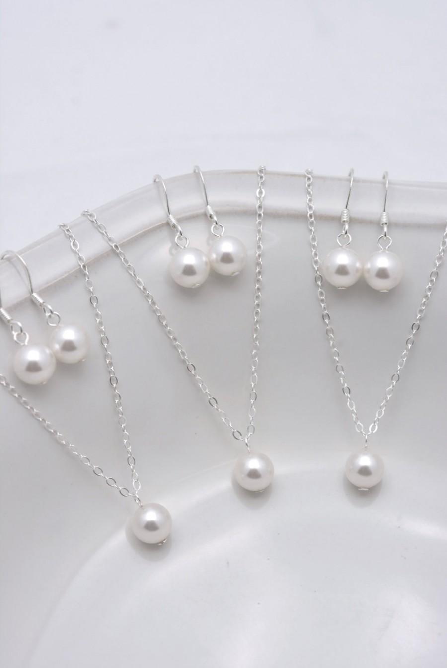 Wedding - Set of 6 Bridesmaid Pearl Necklace and Earring Sets, 6 Pearl Bridesmaid Sets, Pearl Sets, One Pearl Necklace - Sterling Silver Chain 0133