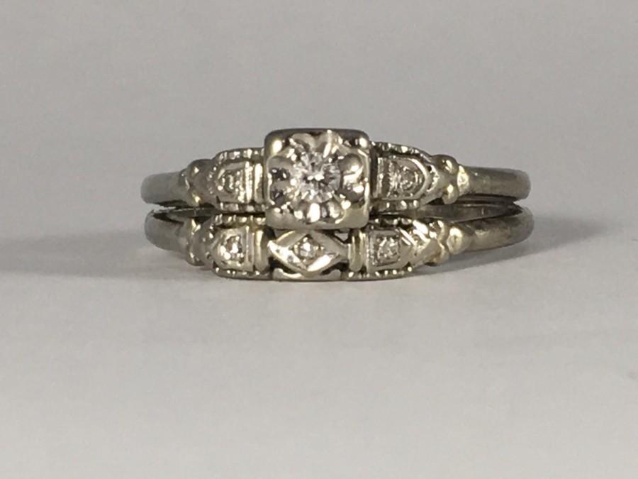 Свадьба - Vintage Diamond Engagement Ring and Wedding Band Set. Cluster Diamond Ring. 10K White Gold Art Deco Filigree Setting. April Birthstone.