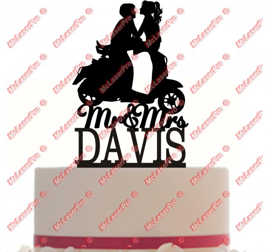 Hochzeit - Custom Wedding Cake Topper Monogram Mr&Mrs Vespa Silhouette Personalized With Your Last Name, choice of color, and a FREE base for display