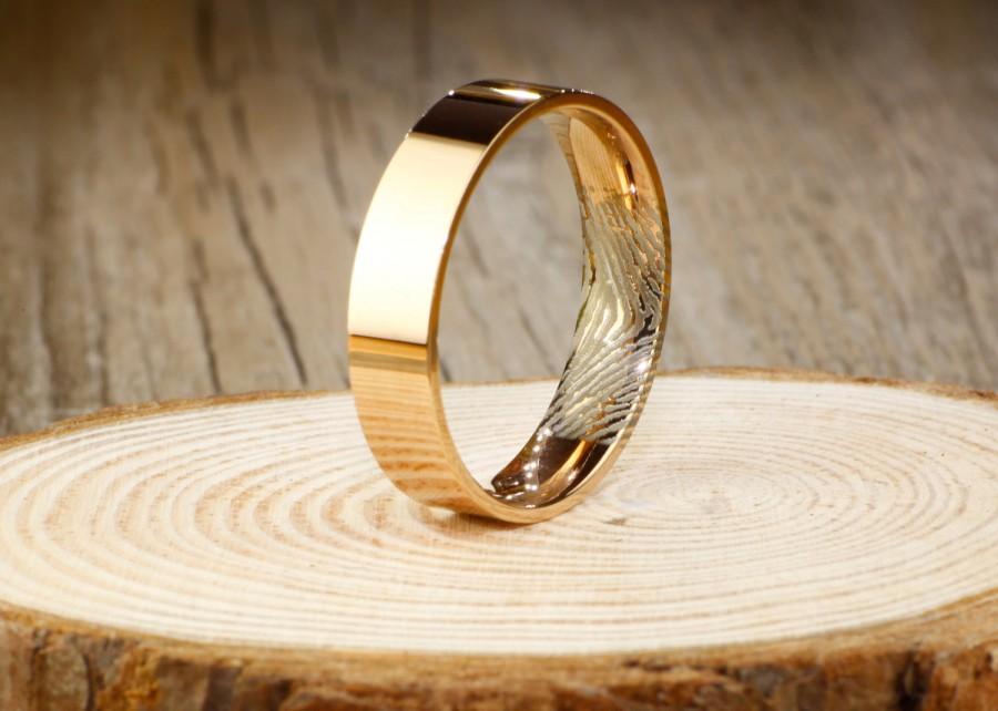 Hochzeit - Your Actual Finger Print Rings, Handmade Rose Gold Flat Plain Finger Print Ring, Matching Wedding Band, Men Ring, Couple Ring, Titanium Ring