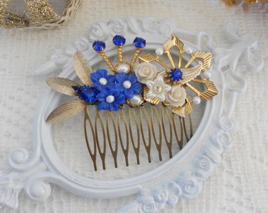 Wedding - Sapphire Hair Comb, Floral Hair Comb, Blue Hair Comb, Something Blue, Assemblage Hair Comb, Collage Hair Comb, Swarovski Capri Blue, Bridal
