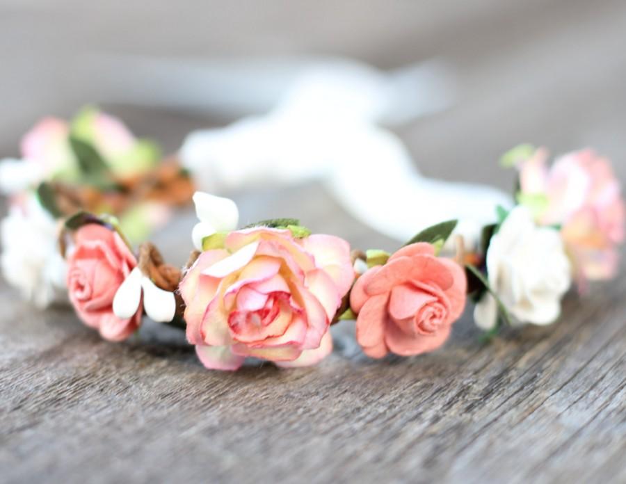 Hochzeit - Bridal Flower Crown, Floral Bracelet, Wedding, Ivory Flower Cuff, Bridal Floral Bracelet, Wedding, Floral Crown, Coral, Peach, Blush Flowers