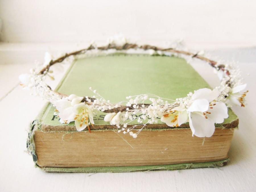 زفاف - Baby's breath flower crown, Rustic wedding hair accessories, Wreath, Bridal headpiece, Floral headband, Ivory - LINDY