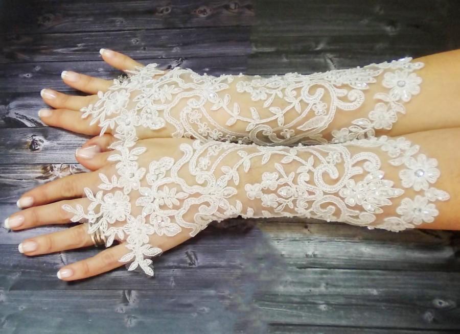 Wedding - White Long Lace Wedding Gloves Shiny Beaded, Lace mittens, Free Shipping, French Lace Long Gloves, Sophisticated Lace Gloves, Bridal Wedding