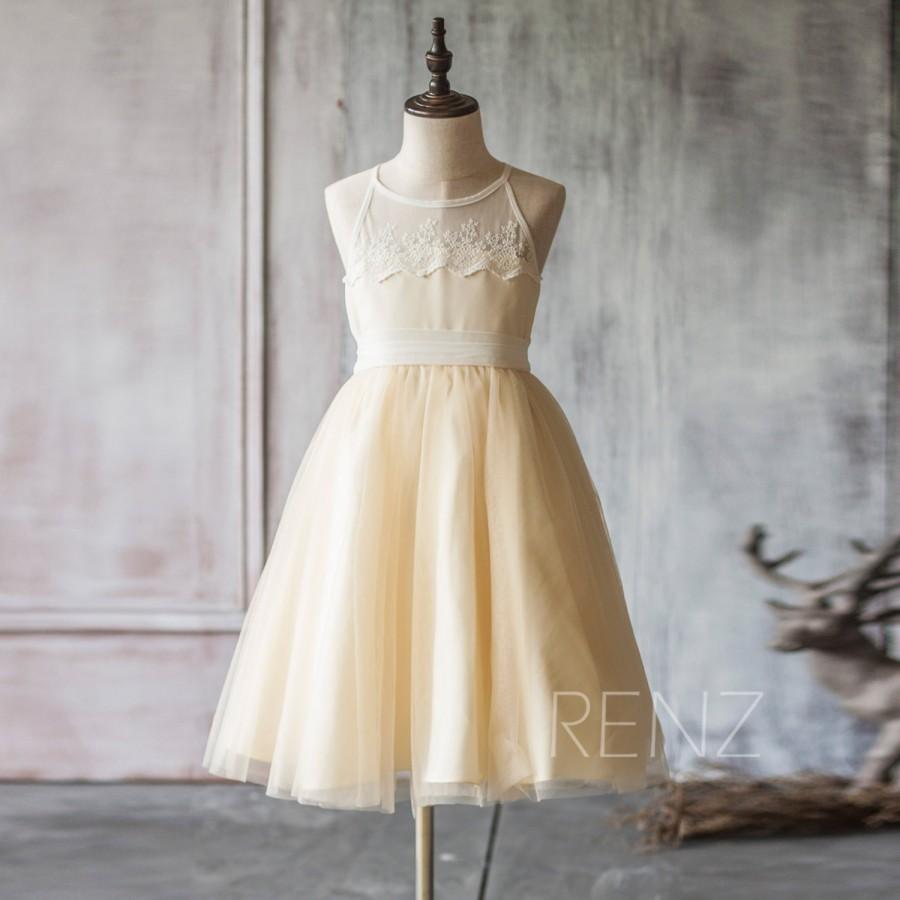زفاف - 2016 Beige White Junior Bridesmaid Dress, Spaghetti Strap Mesh Chiffon Flower Girl Dress, a line Baby dress tea length (FK317)
