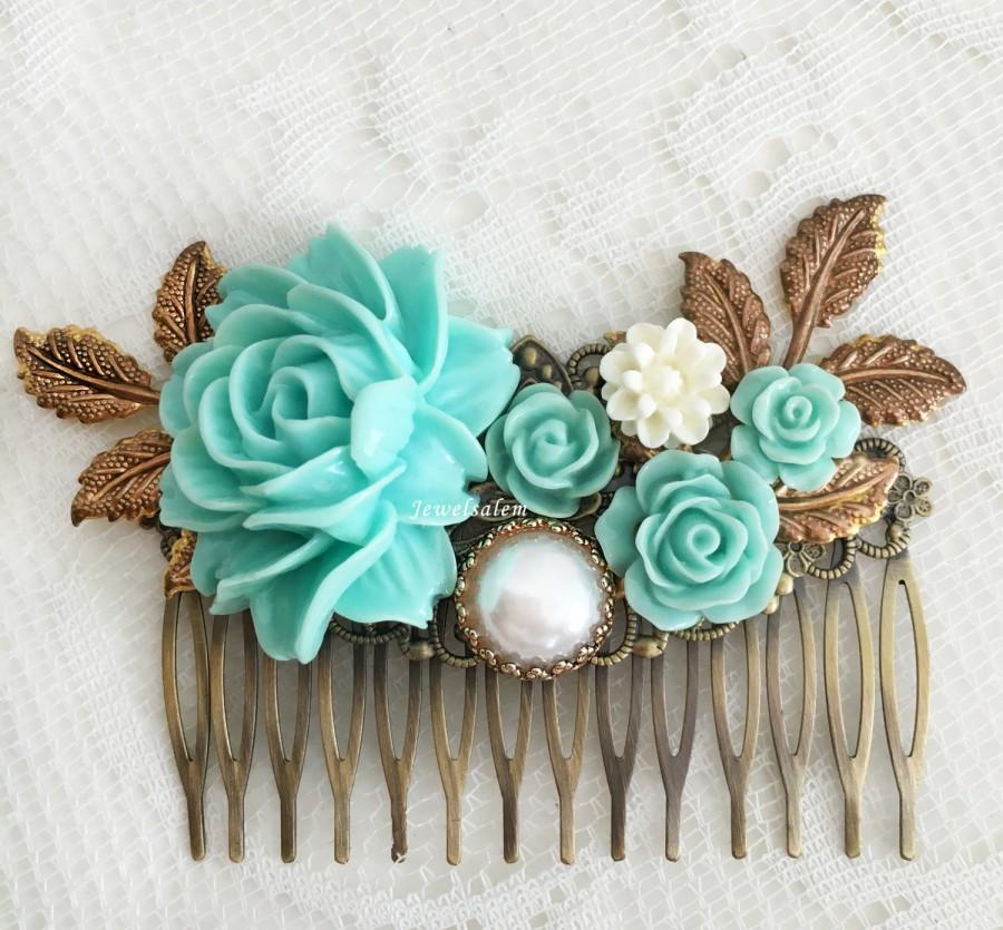 Hochzeit - Seafoam Wedding Hair Accessories Bridal Comb Romantic Flower Headpiece Turquoise Hair Slide Boho Chic Elegant Hair Pin