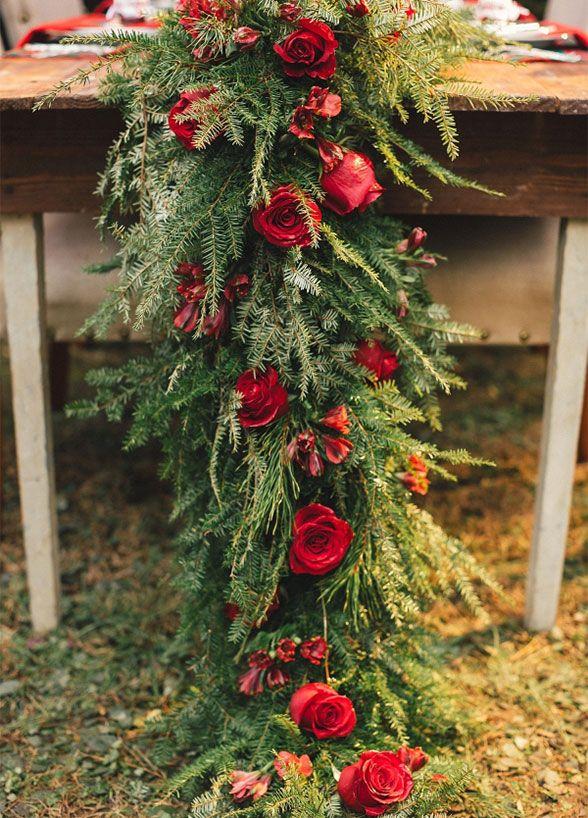 Wedding - Pine And Roses Winter Wedding Floral Table Runner