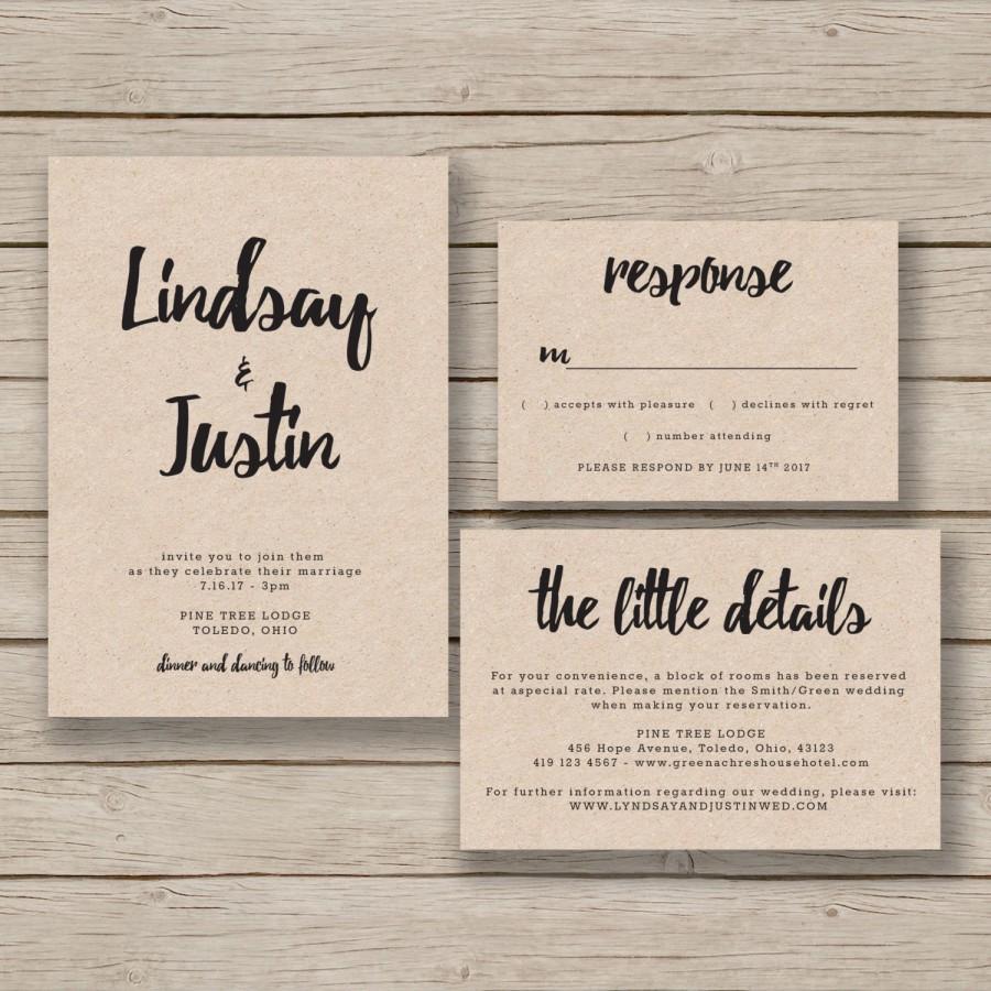 Свадьба - Printable Wedding Invitation Suite - Rustic DIY Template - EDITABLE by YOU in Word - Print on Kraft