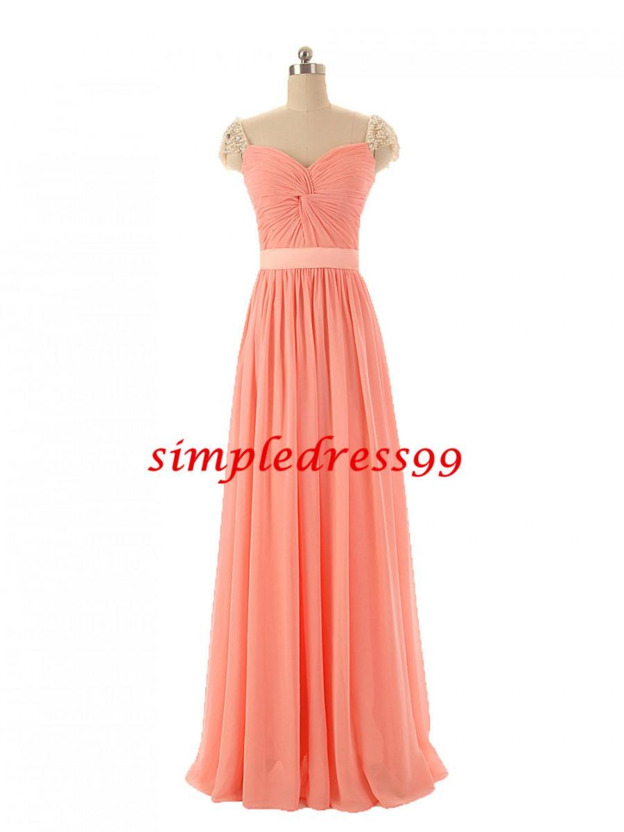 Wedding - Elegant Pleats V Neck Beading Cap Sleeve A Line Ribbons Long Peach Coral Formal Evening Dress Prom Party Cocktail Gown Bridesmaid Dresses