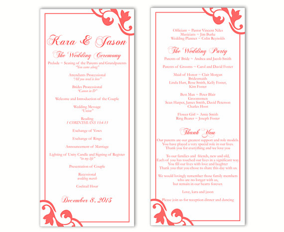 Wedding - Wedding Program Template DIY Editable Text Word File Download Program Orange Program Red Program Printable Wedding Program 4x9.25inch