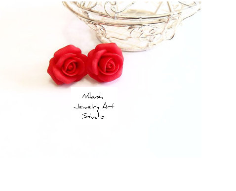 Wedding - Red Rose Earrings, Small Flower Stud Earrings, Vintage Style Floral Retro Jewelry, Womens Fashion Accessories,Wedding,Bridesmaids Earrings