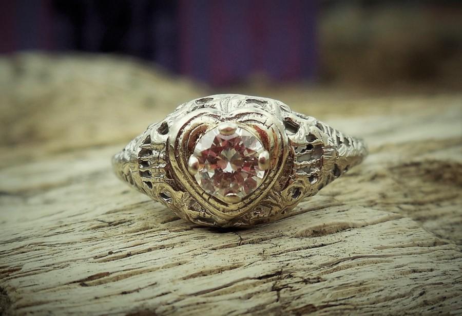 Wedding - Vintage Antique .30ct Transitional Cut Diamond Unique Engagement Ring 1920's Art Deco 14k White Gold Filigree Heart