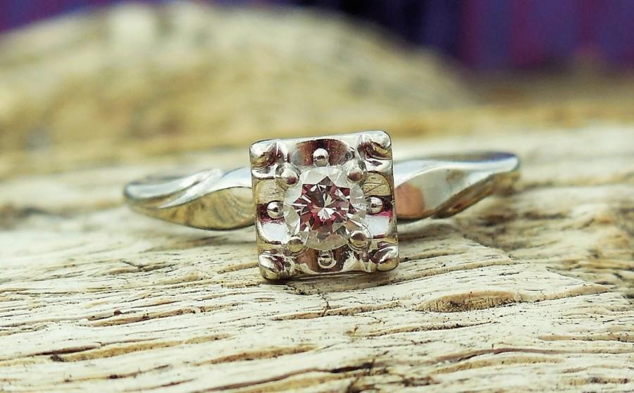 Hochzeit - Vintage Antique .18ct Transitional Cut Diamond Unique Engagement Ring 14k White Gold 1950's Keepsake