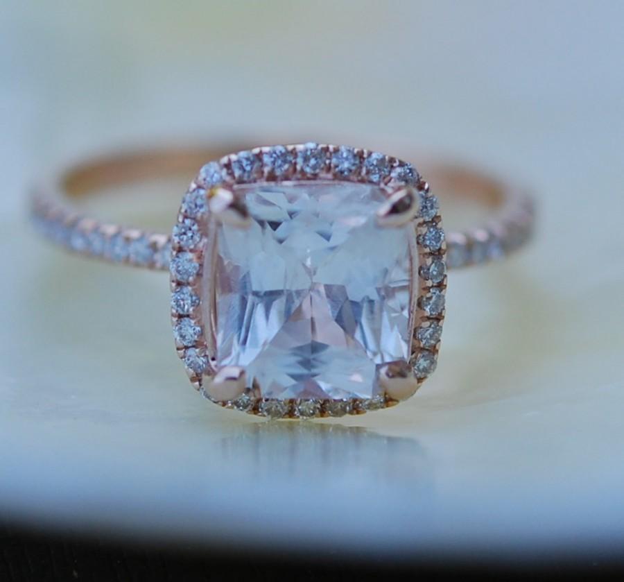 Свадьба - reserved -White sapphire engagement ring 14k rose gold diamond ring 2.02ct cushion sapphire